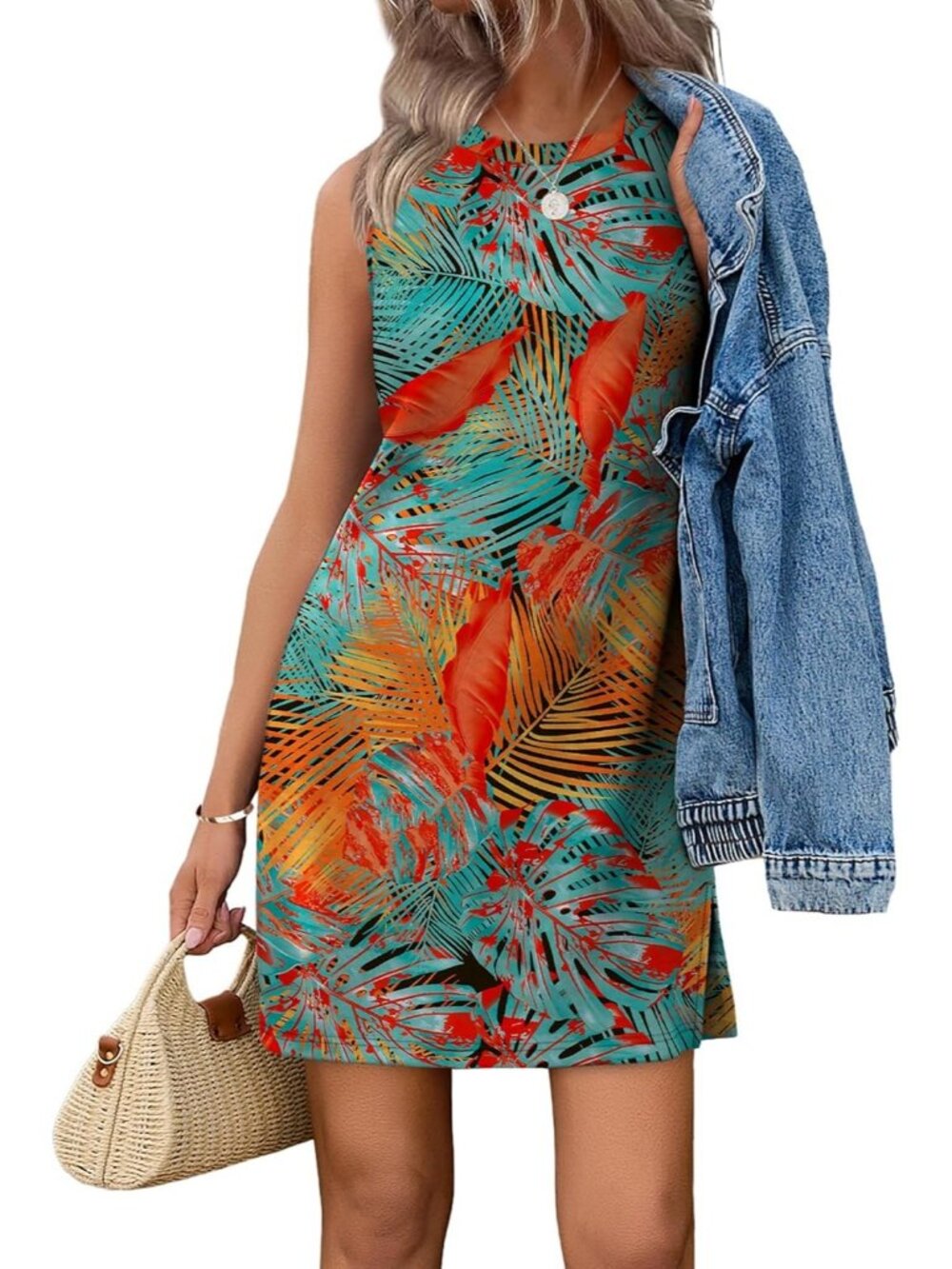 Women's Floral Blue Orange Summer Casual Dress Crewneck Sleeveless Tank Dress